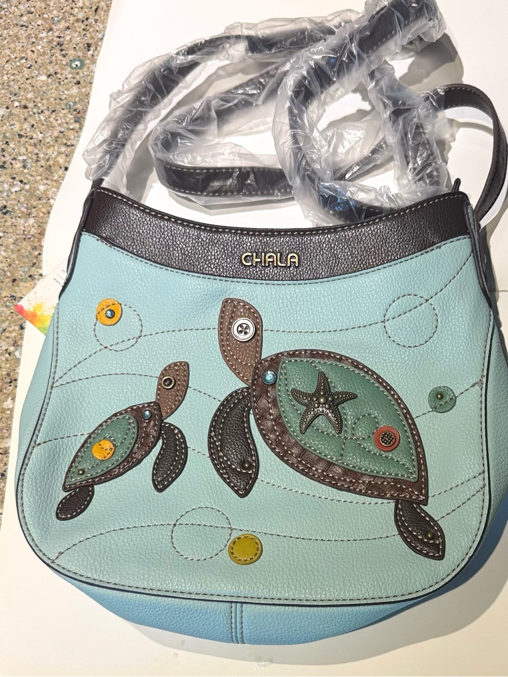 Chala Aqua/Turquoise Crossbody Bag with Turtle Appliqué NWT